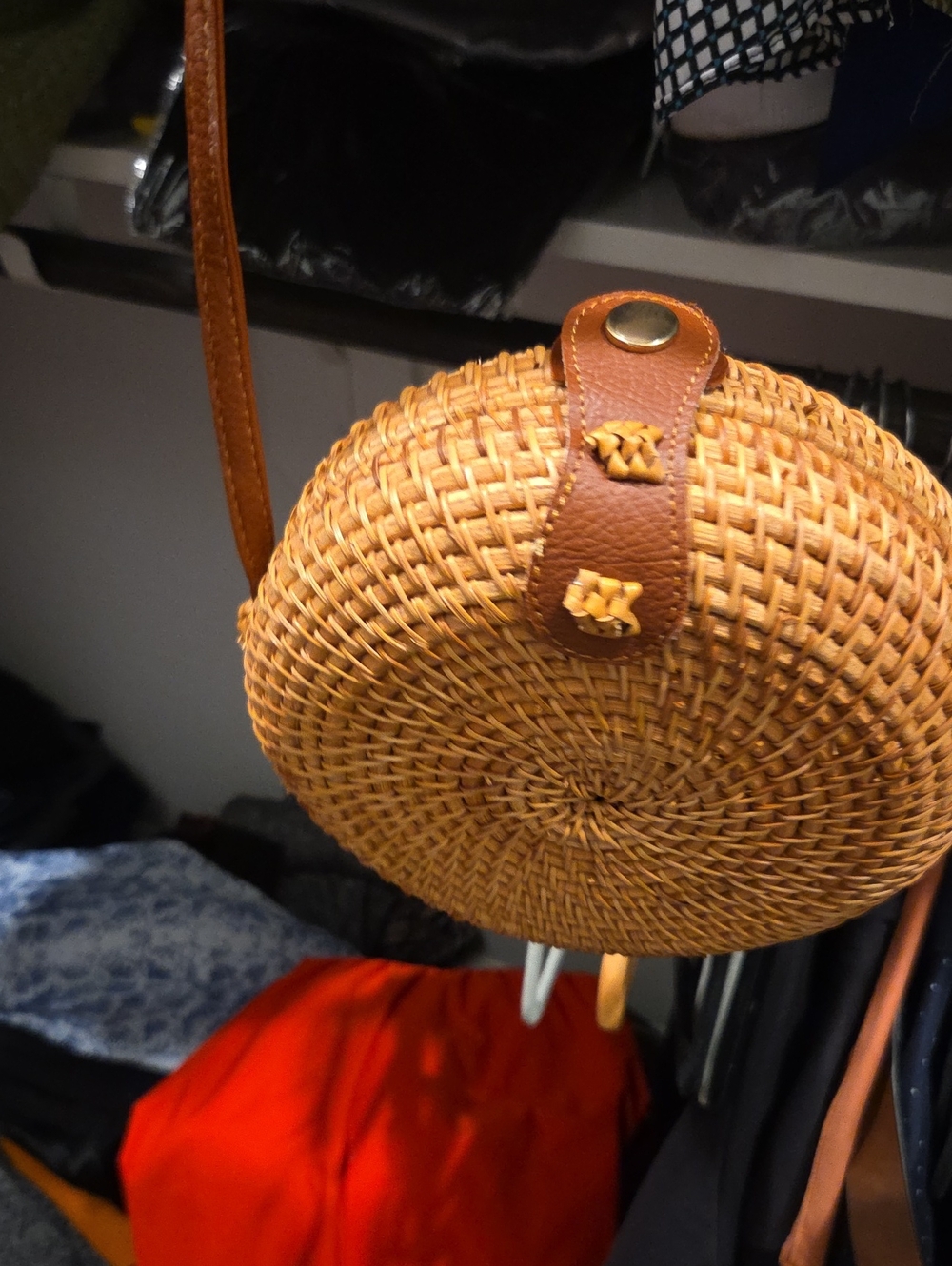 Woven Round Straw Crossbody Bag with Brown PU Leather Trim